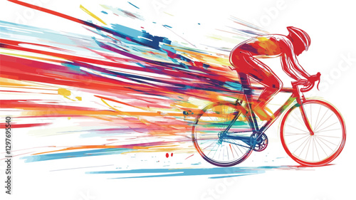 An illustration depicting a stylized cyclist riding a road bike. The cyclist is rendered in shades of red and orange, while the background features an abstract burst of colorful, dynamic streaks