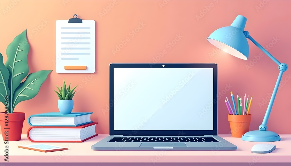 Obraz premium Modern Workspace Desk Laptop Plants Stationery Organization