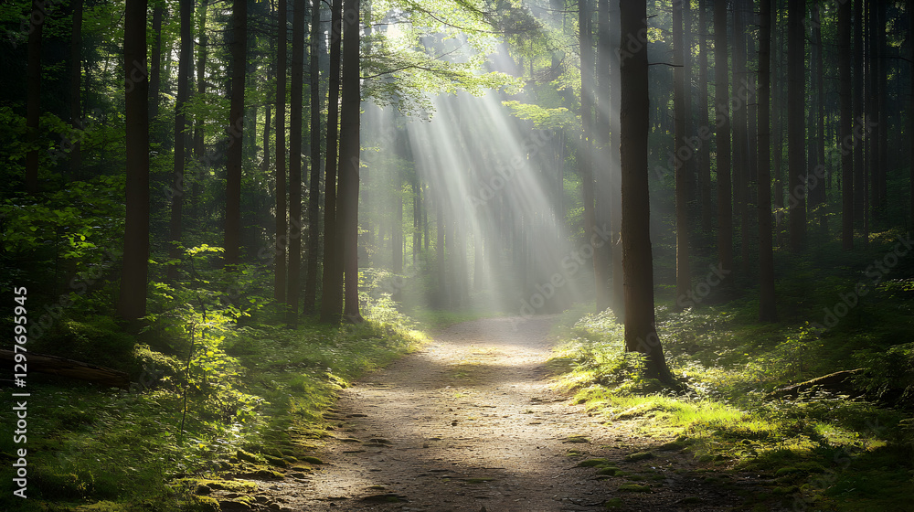 Fototapeta premium through a forest with tall, narrow trees and rays of sunlight piercing through the canopy, creating a peaceful atmosphere for hikers 