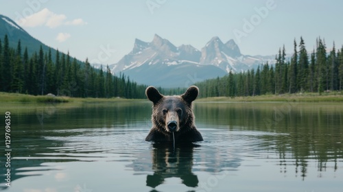 A brown bear swimming in a lake with mountains in the background.