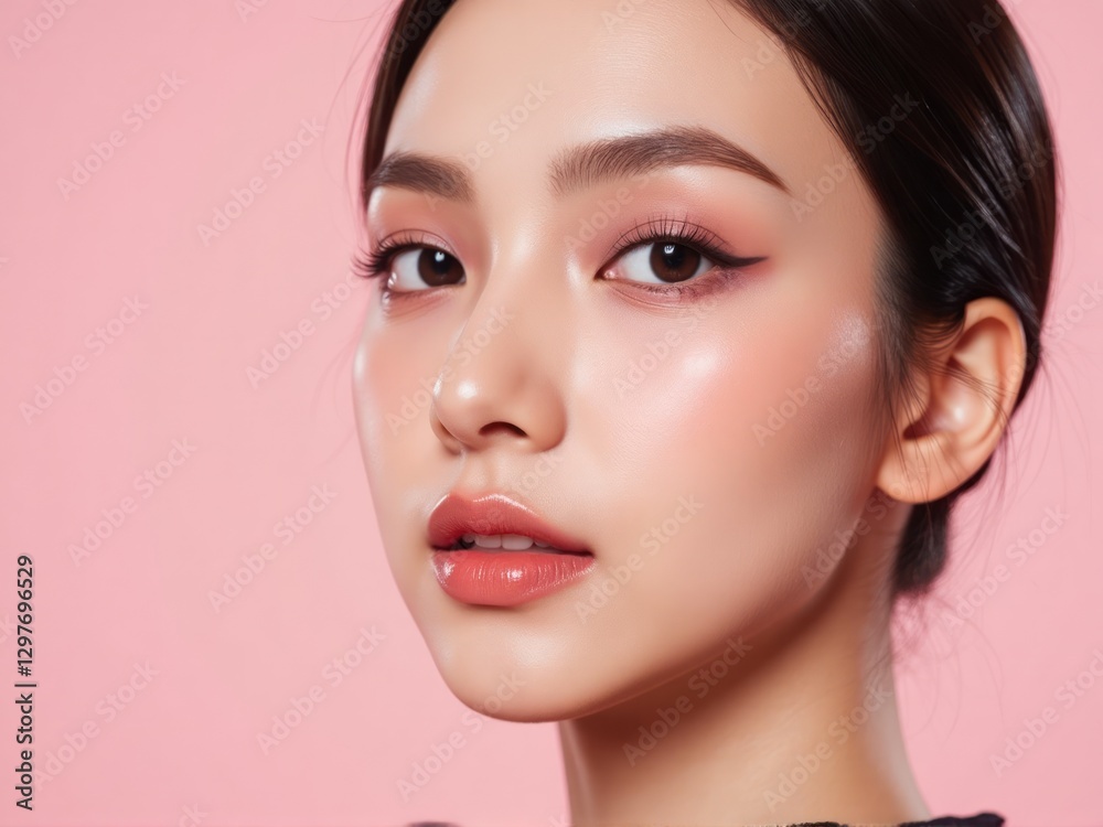 Fototapeta premium stunning fashion model with vibrant makeup and medium wavy pink hair, exuding confidence with a seductive gaze, highlighted by glossy lips in a beauty photoshoot.