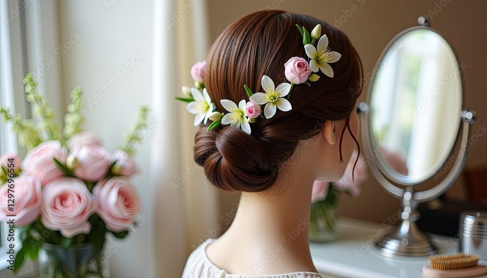 Naklejka premium Bride wearing floral crown hairstyle for spring wedding photography and bridal magazines
