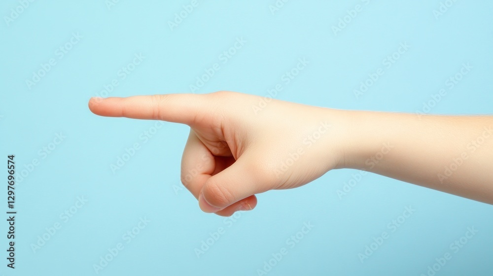 Hand pointing left on a blue background. Index finger extended Hand pointing left on a blue background. Index finger extended