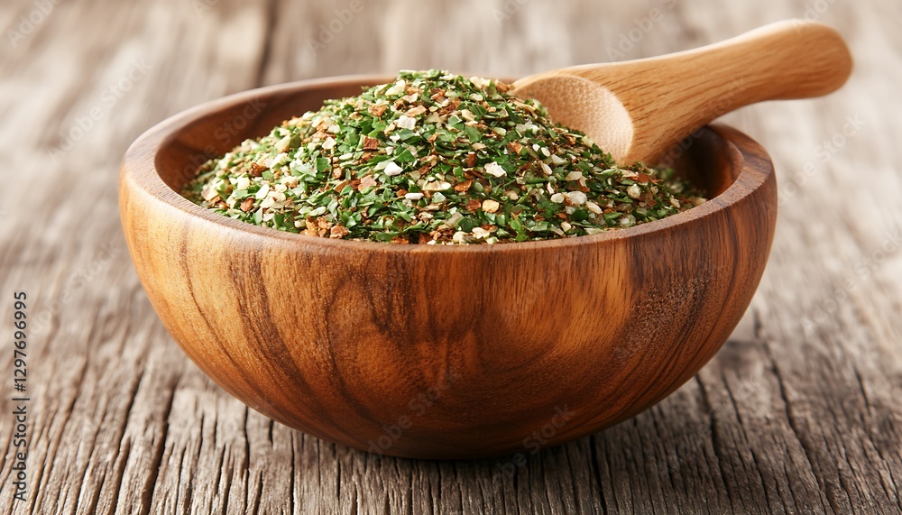 Herbs with spoon in bowl on wood, cooking ingredient Herbs with spoon in bowl on wood, cooking ingredient