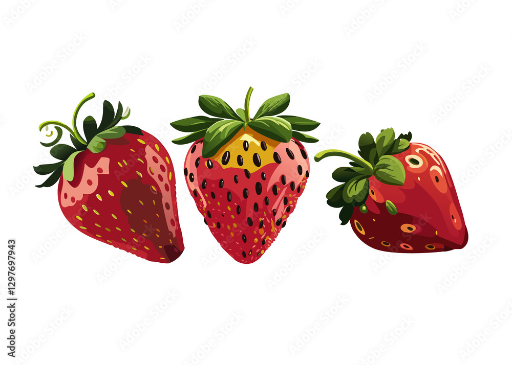 みずみずしく美味しそうな苺のイラストセット 3個