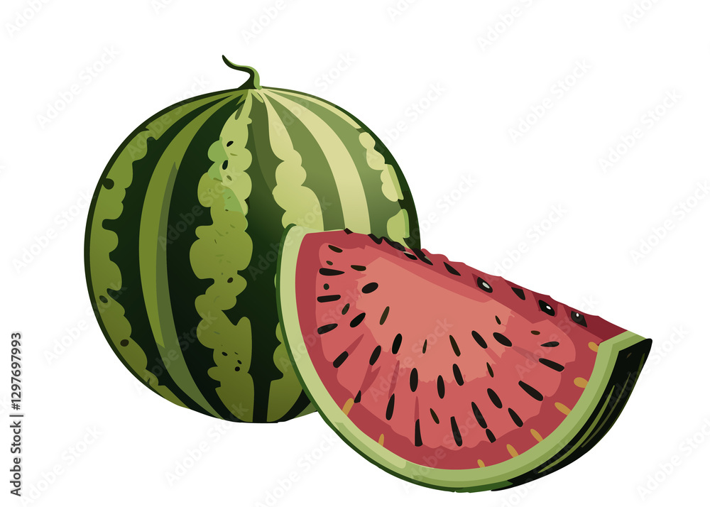 丸ごと1個とカットされたスイカの断面のイラストセット
