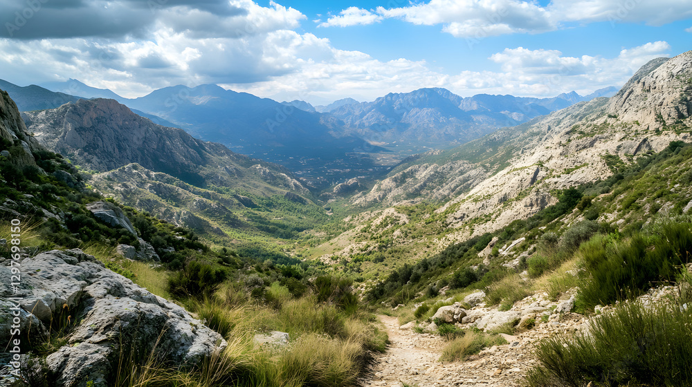 view of a mountain nature trail with rugged rocks and a wide valley below, showing the vastness of the natural landscape view of a mountain nature trail with rugged rocks and a wide valley below, showing the vastness of the natural landscape