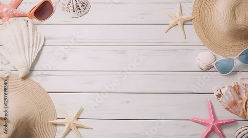 Top view beach background, Beach Accessories On white Plank - Summer Holiday Banner, Generative ai