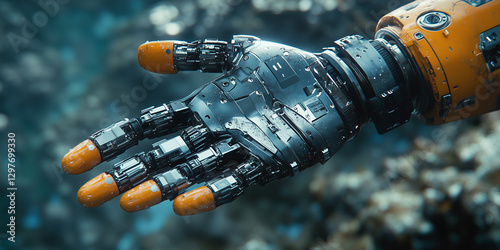 A cybernetic robotic hand reaches out underwater, showcasing futuristic technology. Great for AI blogs, cybernetics research sites, and innovation content. photo