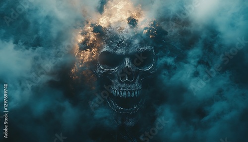 Flaming skull in smoky clouds, horror