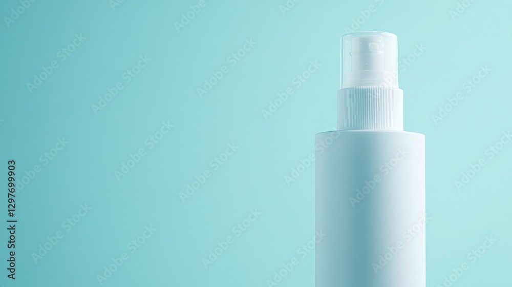 White spray bottle isolated against solid light blue backdrop, minimalistic clean style White spray bottle isolated against solid light blue backdrop, minimalistic clean style