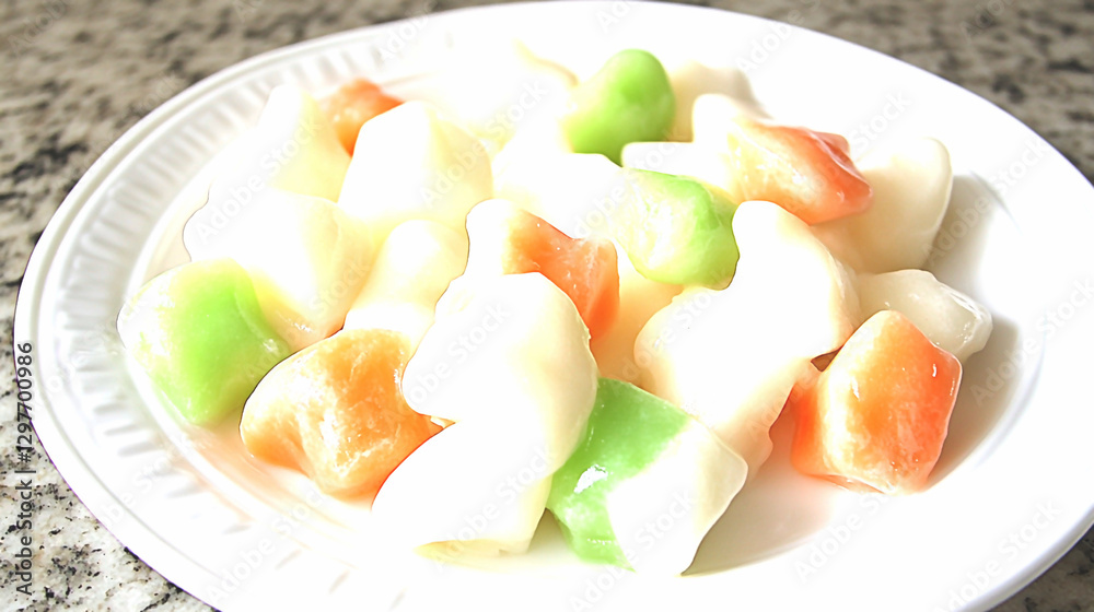 Close Up of Refreshing Fruit Salad with Melon Cubes on White Plate Close Up of Refreshing Fruit Salad with Melon Cubes on White Plate