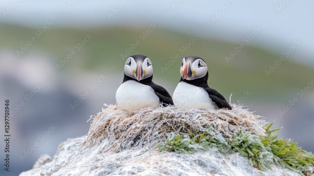 Fototapeta premium Two Atlantic puffins sit together in a nest on a rocky cliff during the day.