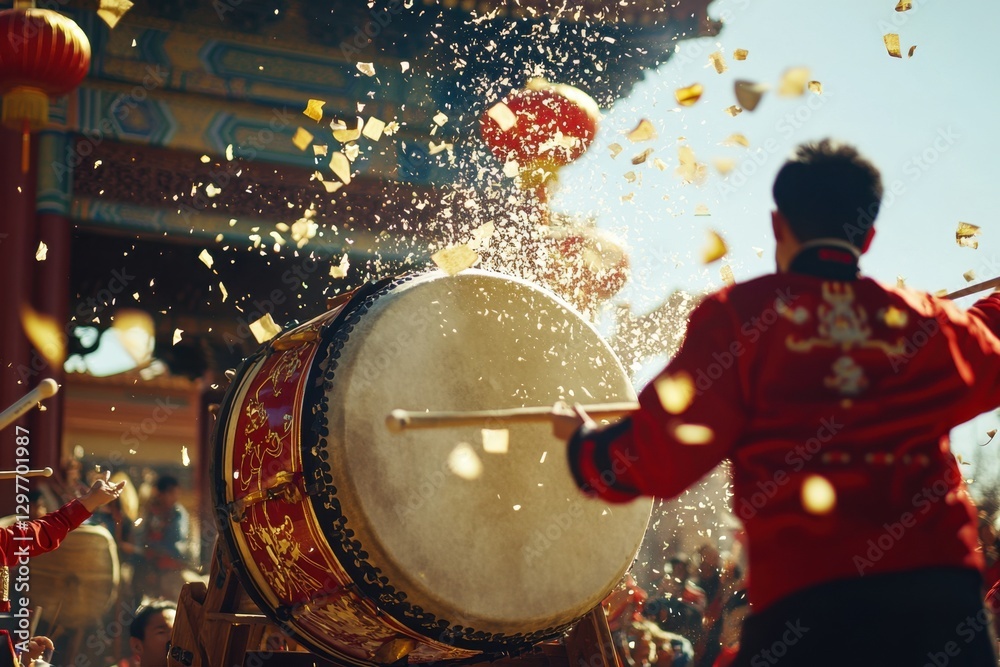 A man is playing a drum in a parade A man is playing a drum in a parade