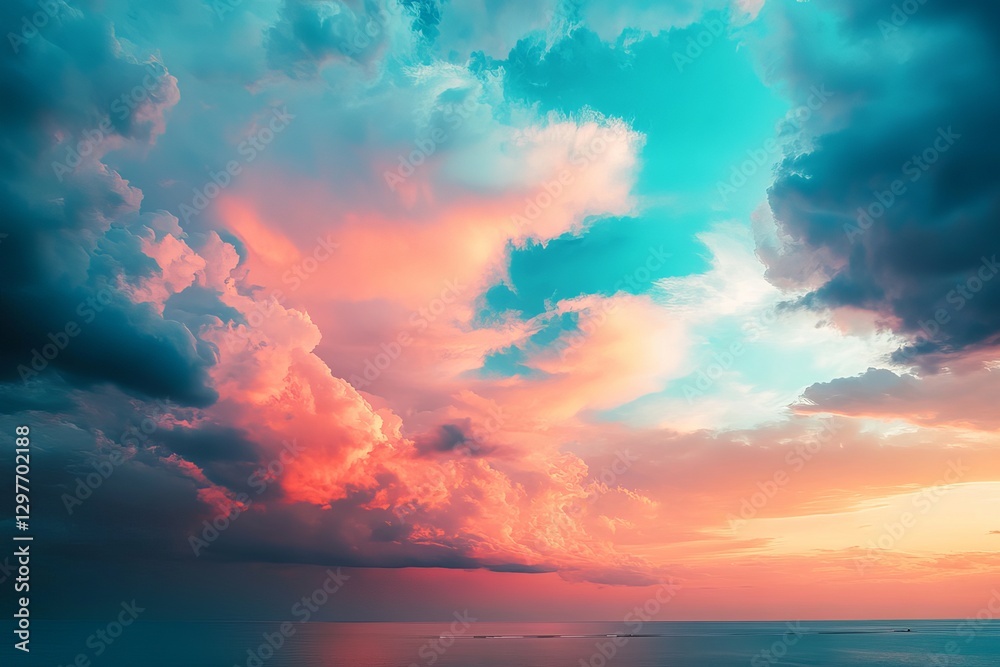 Obraz premium Dramatic Pink and Teal Sunset Sky Ocean View Beautiful Cloudscape Peaceful Nature Scene Serene Summer Evening Colorful Cloudscape Breathtaking 