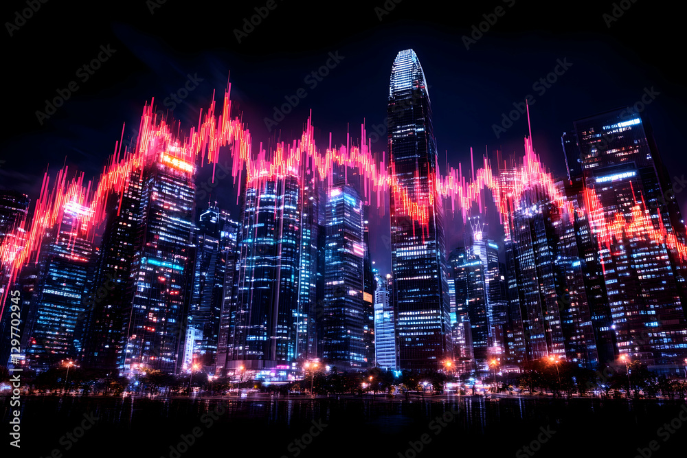 Fototapeta premium Cityscape, night, financial graph overlay