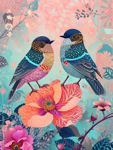 there are two birds sitting on a branch with flowers