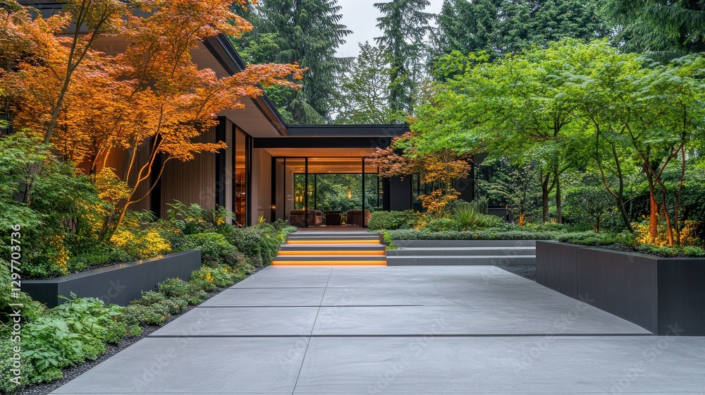 Modern home exterior landscape design with pathway and lighting Modern home exterior landscape design with pathway and lighting
