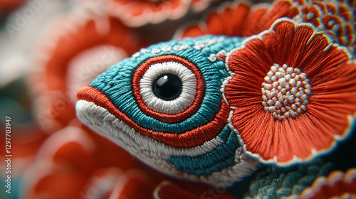 Wallpaper Mural Extreme close-up of a blue and white fish illustration fully rendered in detailed embroidery, with red floral accents. Ideal for craft blogs, textile art sites, Japanese/Asian design,fashion projects Torontodigital.ca
