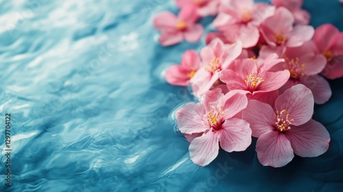 Serene blossom beauty on rippling water surface creating a calming spa atmosphere with soft light and delicate petals for wellness concept