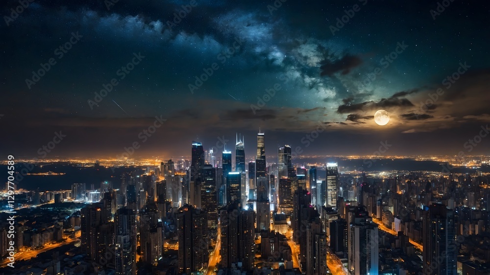 Obraz premium City Lights and Cosmic Delights: A Night Under the Milky Way