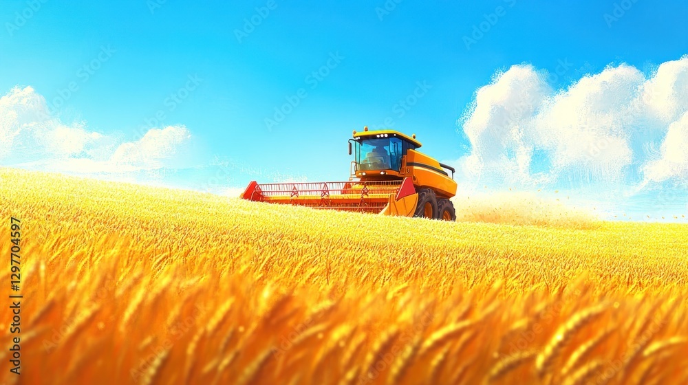 Obraz premium Combine harvests wheat field under bright sky. Agriculture machine works at farm with clouds