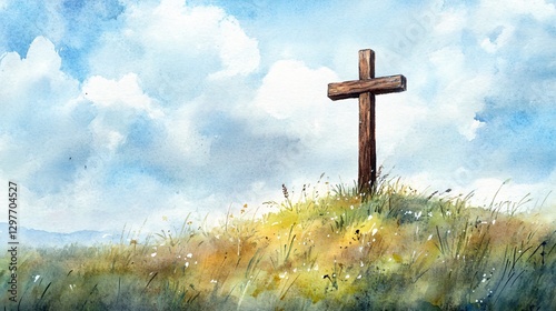 Wooden Cross on a Hilltop Under a Blue Sky - Watercolor Painting