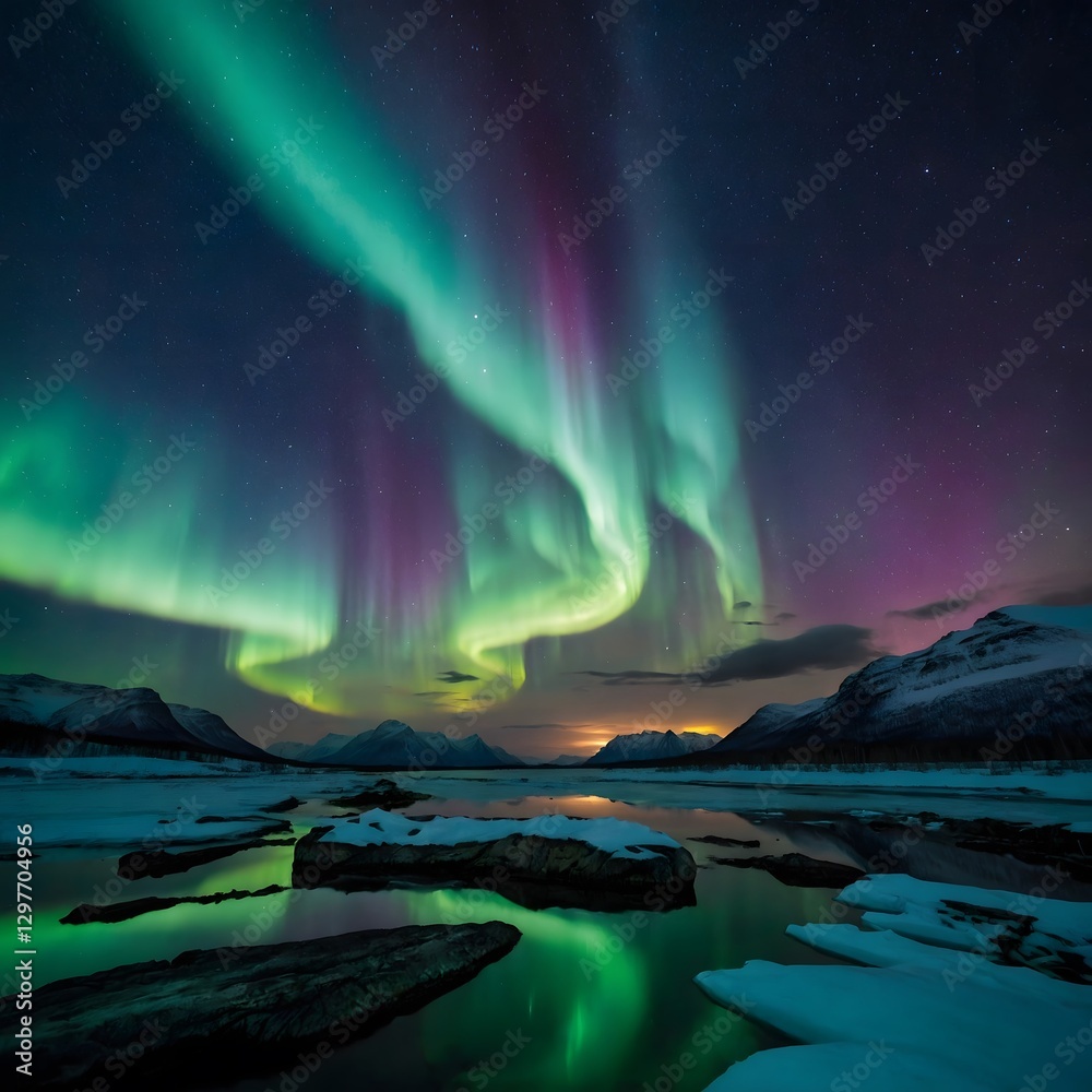 Fototapeta premium Moonlit Aurora: The Celestial Performance Beneath the Arctic Sky
