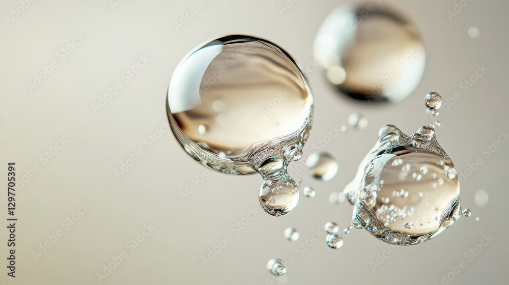 Fototapeta premium Close-up of three irregularly shaped liquid bubbles, almost spherical but uniquely deformed, their surfaces reflecting light in a mesmerizing way