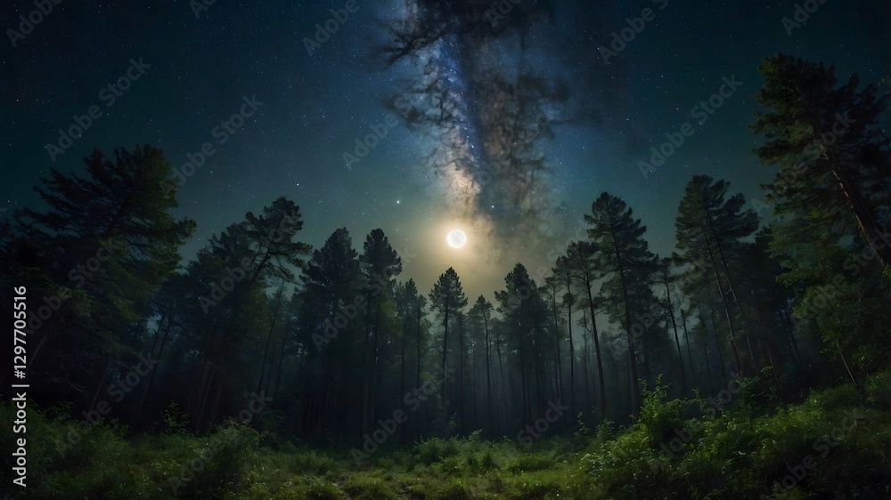 Fototapeta premium Lunar Haven: A Majestic Forest Clearing Under Starry Skies