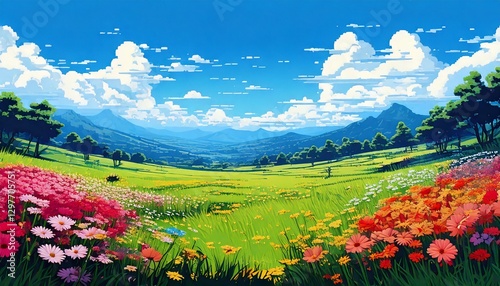 レトロゲーム風の自然のピクセルアート背景（昼の花畑） Generative AI