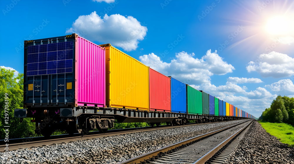 Fototapeta premium Colorful cargo train on sunny tracks