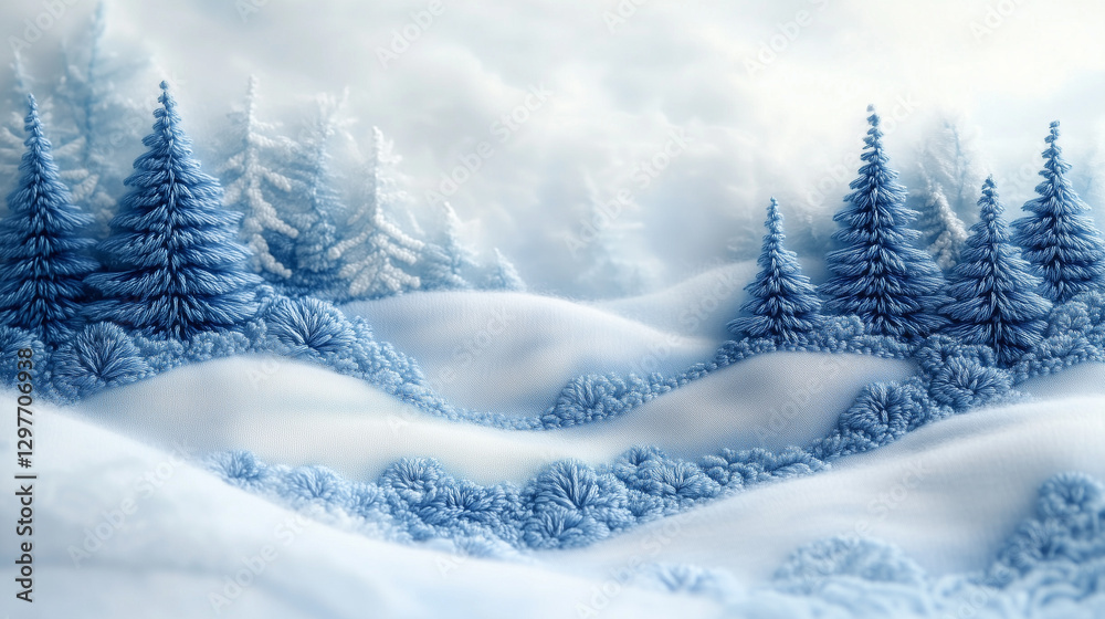 Naklejka premium A soft-focus digital painting of a winter forest with snow-covered trees and hills, useful for websites or blogs about travel, holidays, or nature.