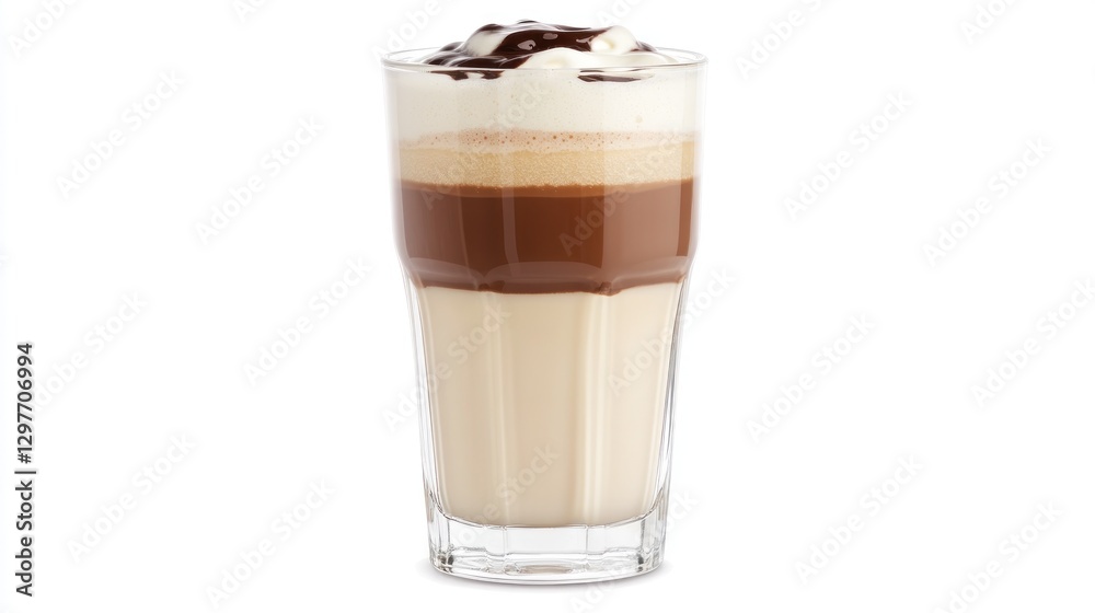 Layered coffee drink topped with cream and chocolate sauce, isolated on white background Layered coffee drink topped with cream and chocolate sauce, isolated on white background
