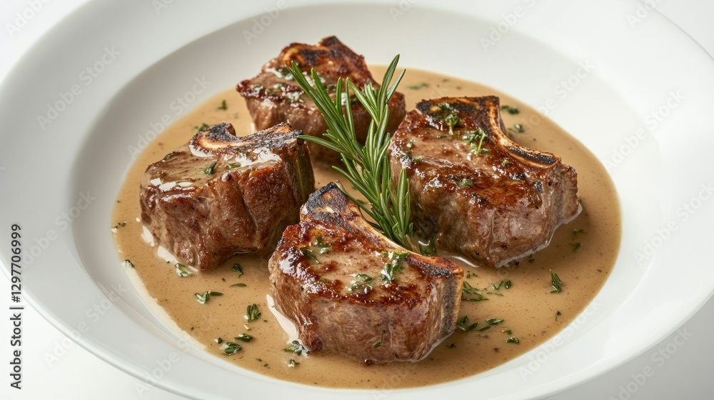 Grilled lamb chops served on a plate with sauce. Plain white background Grilled lamb chops served on a plate with sauce. Plain white background