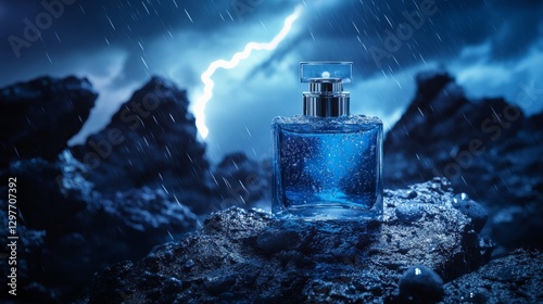 A blue perfume bottle shimmering under the moody hues of a stormy sky, with lightning strikes highlighting its elegant form
