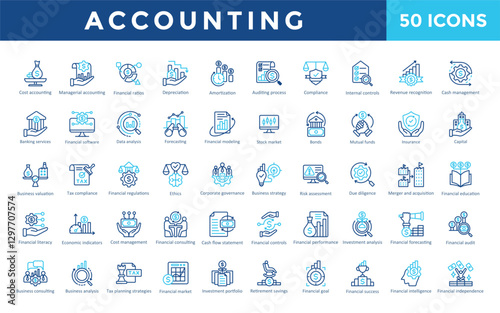 Accounting icon set with cost accounting, managerial accounting, financial ratios, depreciation, amortization, auditing process, compliance icon. Simple outline color vector 

