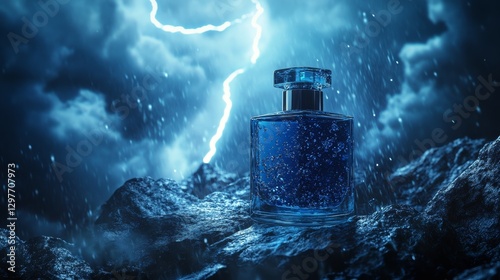 A glass perfume bottle glowing with an ethereal light, caught between the flashes of a violent thunderstorm
