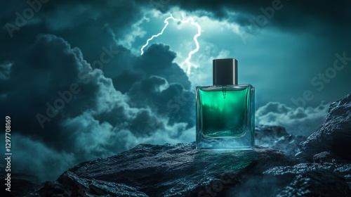 A glass perfume bottle immersed in the heart of a raging storm, where the sky comes alive with electric energy
