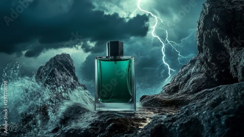 A glass perfume bottle standing in contrast to the wild storm, its sleek surface reflecting the bursts of lightning

