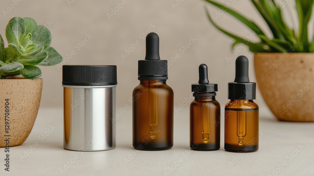 A collection of amber glass dropper bottles alongside a silver container, set against a neutral background with small potted plants.