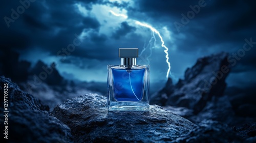 A glass perfume bottle illuminated by the blinding light of a thunderbolt piercing the stormy night above the rolling ocean.
