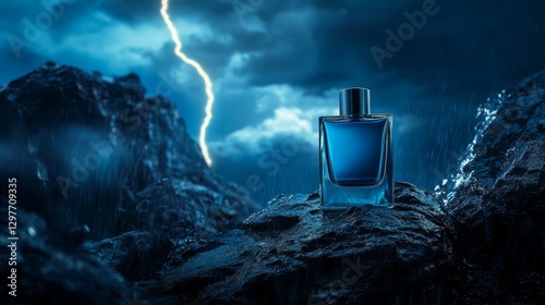 A glass perfume bottle radiating elegance while lightning rips through the darkened sky, reflecting off the restless sea.

