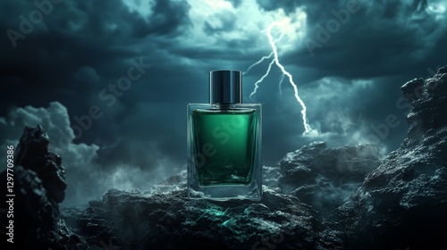 A glass perfume bottle radiating elegance while lightning rips through the darkened sky, reflecting off the restless sea.
