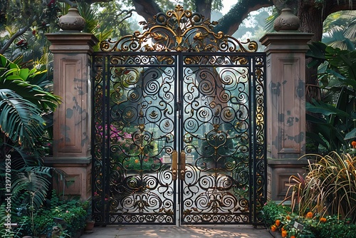 there is a gate that has a large tree in the background