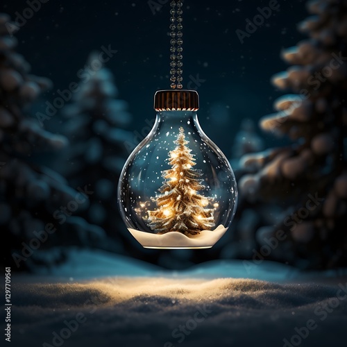 there is a christmas tree inside a glass ball hanging from a chain