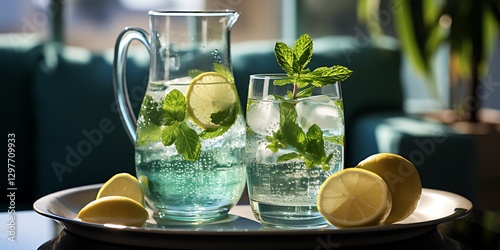 there are two glasses of water and lemons on a plate