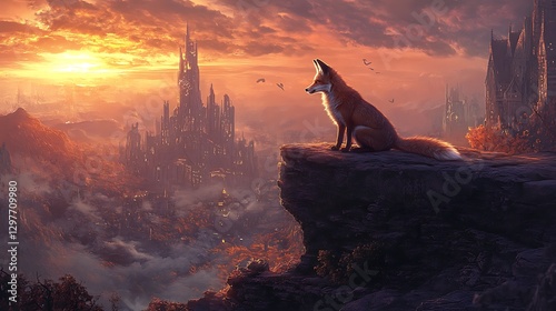 there is a fox sitting on a cliff looking at the city