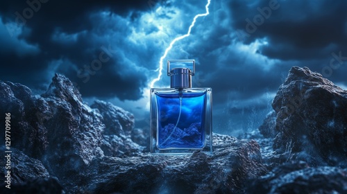 A perfume bottle standing resilient against the elements, as thunder and lightning fill the sky.

