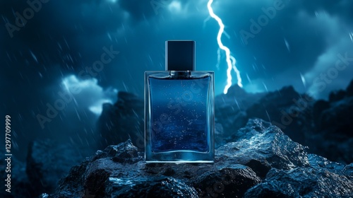 A glass perfume bottle glowing in the dark, framed by a powerful storm over the endless ocean.
